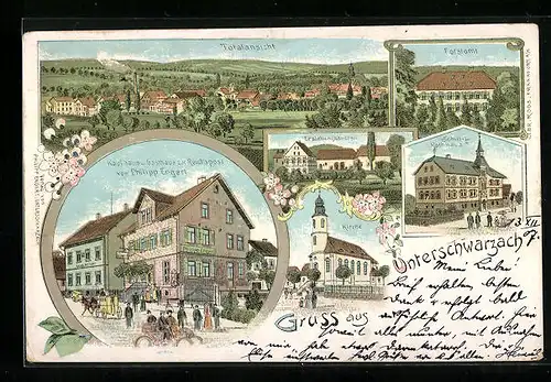 Lithographie Unterschwarzach, Gasthaus zur Reichspost, Forstamt, Schule und Rathaus, Erziehungsanstalt