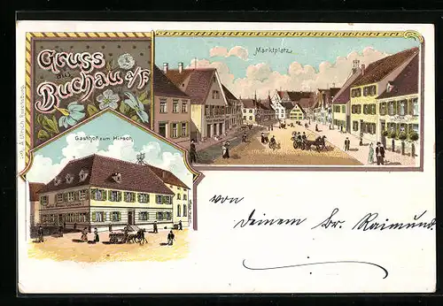 Lithographie Buchau a. F., Gasthof zum Hirsch, Marktplatz