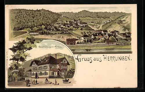 Lithographie Herrlingen, Gasthof zum goldenen Kreuz, Bahnhof