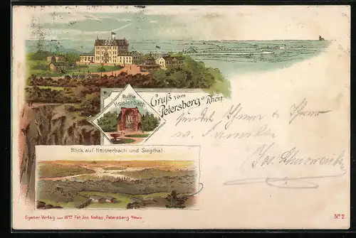 Vorläufer-Lithographie Petersberg / Rhein, 1895, Ruine Heisterbach, Blick auf das Hotel