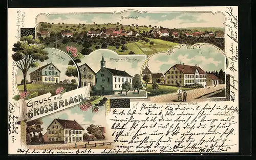 Lithographie Grosserlach, Schulhaus, Geschäft Karl Judt, Arbeiterkolonier Erlach, Kirche
