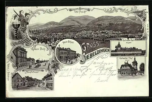 Lithographie Siebeldingen, Geilweiler Hof, Kellerei Diehl, Hauptstrasse, Neue Schule