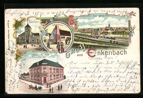 Lithographie Enkenbach, Gasthaus zur Post, Klosterkirche, Kriegerdenkmal