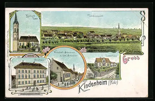 Lithographie Kindenheim / Pfalz, Schulhaus, Doktorhaus, Wirtschaft z. Schwanen, Kirche