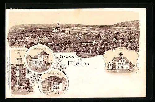 Lithographie Flein, Geschäfte August Wurst und Robert Grauer, Rathaus, Schweinsturm