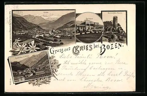 Lithographie Bozen-Gries, Gesamtansicht, Kurhaus, Rundschau in Gries