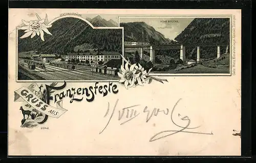 Lithographie Franzensfeste, Stationsgebäude und Hohe Brücke