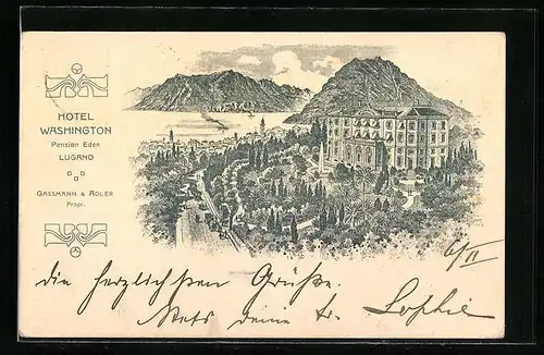 Lithographie Lugano, Hotel Washington / Pension Eden mit Strasse und See aus der Vogelschau