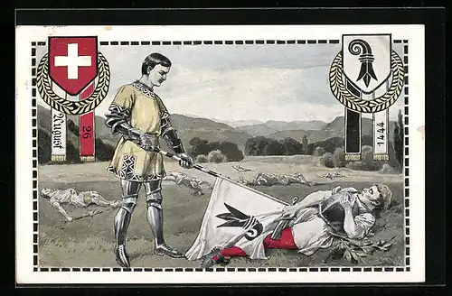 Künstler-AK St. Jakob /Birs, Festpostkarte Schlachtfeier, Schlachtfeld mit Sieger und besiegtem Soldaten, Fahne, Wappen