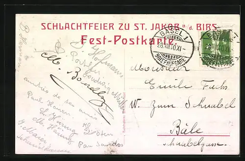 Künstler-AK St. Jakob /Birs, Festpostkarte Schlachtfeier, Schlachtfeld mit Sieger und besiegtem Soldaten, Fahne, Wappen