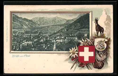 Passepartout-Lithographie Chur, Gesamtansicht, Wappen, Bergziege und Bergsteiger-Utensilien