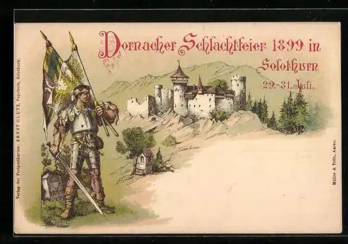 Lithographie Solothurn, Dornacher Schlachtfeier 1899, Ritter mit Fahnen vor der Burg