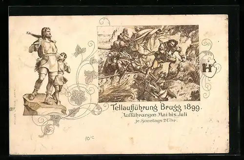 Lithographie Brugg, Tellaufführung 1899, Tell mit Sohn, Tell auf der Flucht