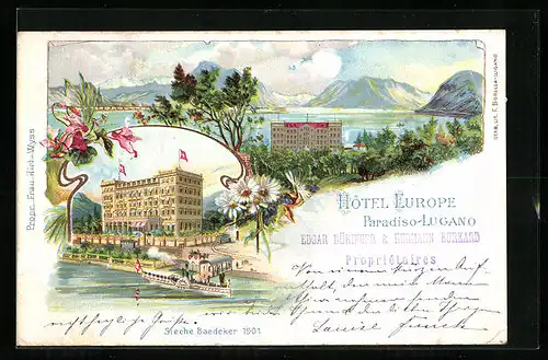Lithographie Paradiso-Lugano, Hotel Europe mit Dampfer und See