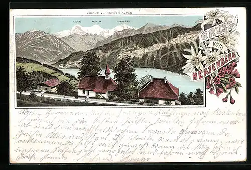 Lithographie Beatenberg, Kirche mit Berner Alpen