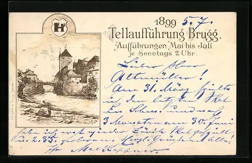 Lithographie Brugg, Tellaufführung 1899, Teilansicht mit Brücke, Wappen