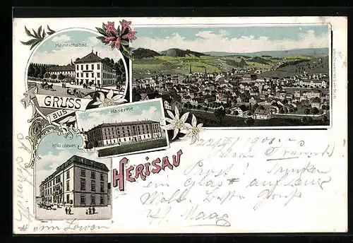 Lithographie Herisau, Gesamtansicht, Heinrichsbad, Hotel Loewen, Kaserne