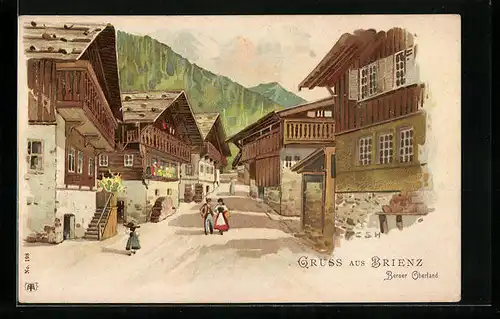Lithographie Brienz, Strassenpartie mit Einwohnern