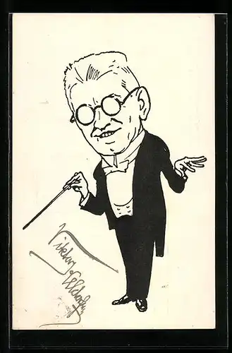AK Karikatur österreichischer Chordirigent und Komponist Viktor Keldorfer mit Autograph