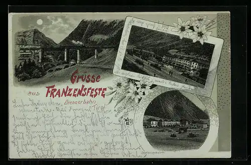 Mondschein-Lithographie Franzensfeste, Ortsansicht mit Bahnhof