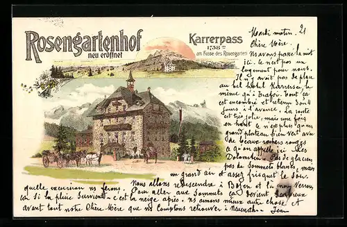 Lithographie Karersee, Hotel Rosengartenhof, Karrerpass