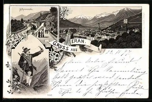 Lithographie Meran, Gilfpromenade, Ortsansicht, Wanderer in Tracht