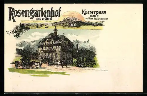 Lithographie Karersee, Hotel Rosengartenhof, Karrerpass