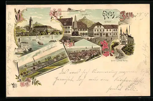 Lithographie Zeil, Marienberg, Marktplatz, Mechanische Weberei, Marien-Lourdes-Kirche