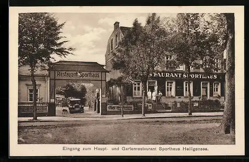 AK Berlin-Heiligensee, Eingang zum Haupt- und Gartenrestaurant Sporthaus, Dorfstrasse 24, Bes. Fritz Dannenberg