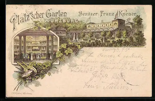 Lithographie Würzburg, Gasthaus Platz`scher Garten, Innenansicht