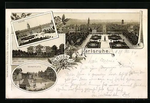Vorläufer-Lithographie Karlsruhe, Schloss, Fest-Halle, Marktplatz 1894