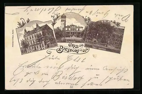 Lithographie Biesdorf / Ostbahn, Schloss, Gasthaus Gensler