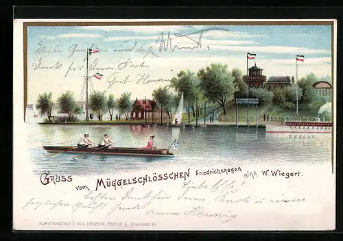 Lithographie Berlin-Köpenick, Gasthaus Müggelschlösschen mit Bootspartie