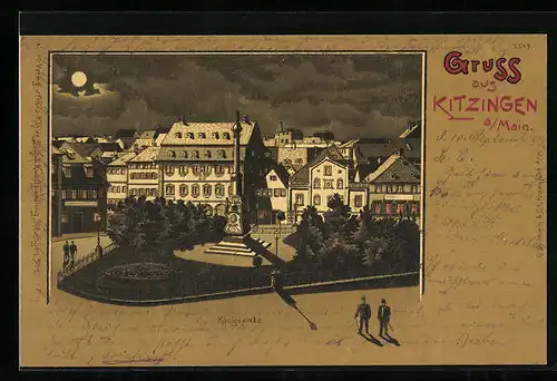 Mondschein-Lithographie Kitzingen /Main, Teilansicht mit Königsplatz