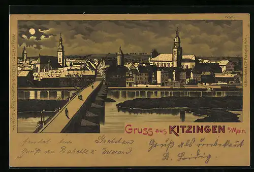 Mondschein-Lithographie Kitzingen /Main, Stadtpanorama mit Brücke