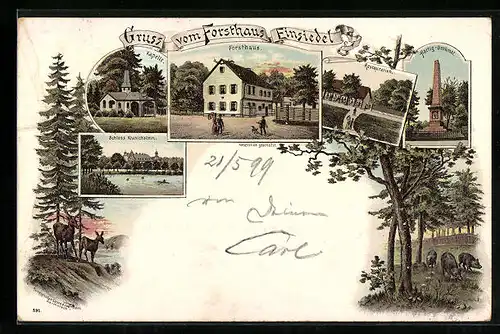 Lithographie Einsiedel /Darmstadt, Gasthaus Forsthaus Einsiedel mit Restauration, Kapelle, Waldtiere