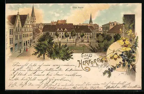 Lithographie Herford, Alter Markt aus der Vogelschau, Blumen