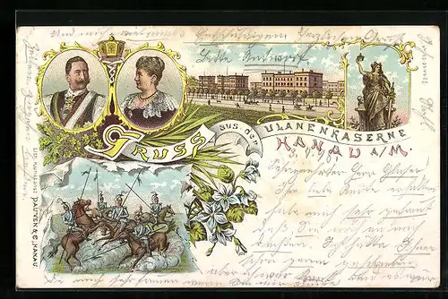 Lithographie Hanau a. M., Ulanenkaserne, Kaiserpaar, Schlachtenszene