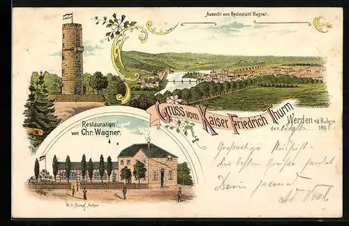 Lithographie Werden /Ruhr, Gesamtansicht mit Umgebung, Gasthaus Restauration Wagner, Aussichtsturm