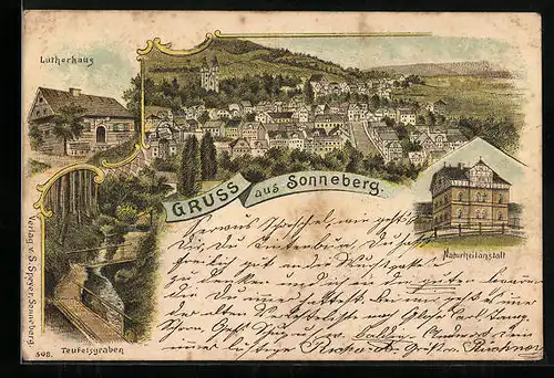 Lithographie Sonneberg, Ortsansicht, Ortsansicht, Lutherhaus, Naturheilanstalt