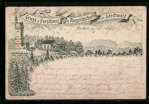 Lithographie Aachen, Gasthof Forsthaus mit Aussichtsturm im Stadtwald