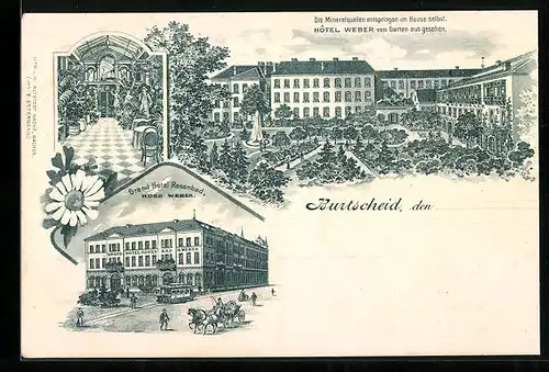 Lithographie Burtscheid, Hotel Weber mit Anlagen und Badehalle, Grand Hotel Rosenbad