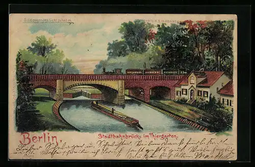 Lithographie Berlin-Marienfelde, Stadtbahnbrücke im Thiergarten, Halt gegen das Licht
