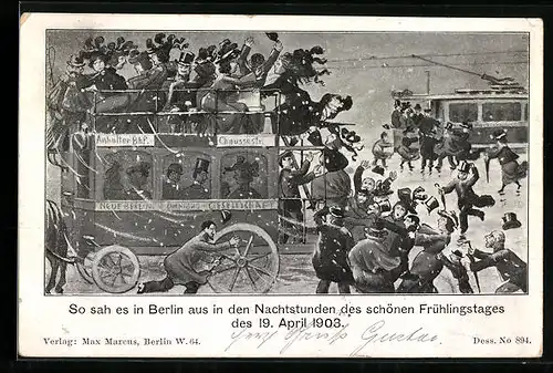 Künstler-AK Berlin-Marienfelde, Drängelnde Fahrgäste von Pferdeomnibus und Strassenbahn