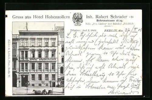 AK Berlin, Hotel Hohenzollern, Inh. Robert Schrader, Behrenstrasse 18 /19