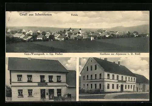 AK Scherstetten, Gasthaus zur Alpenrose v. D. Riedl, Gemischt-Warengeschäft v. Gg. Fischer, Totalansicht