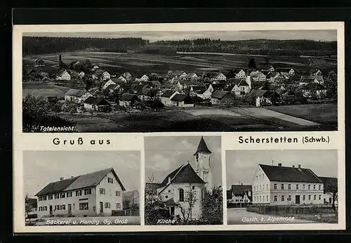 AK Scherstetten /Schwb., Gasthaus zur Alpenrose, Bäckerei und Handlung Gg. Gross, Kirche