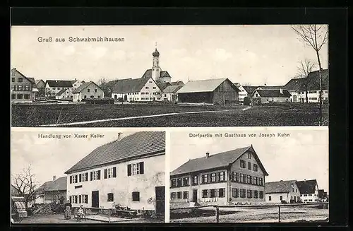 AK Schwabmühlhausen, Dorfpartie mit Gasthaus von Joseph Kuhn, Handlung von Xaver Keller, Ortspartie mit Kirche