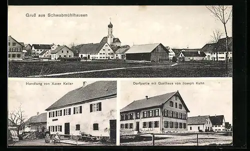 AK Schwabmühlhausen, Dorfpartie mit Gasthaus von Joseph Kuhn, Handlung von Xaver Keller, Ortspartie mit Kirche