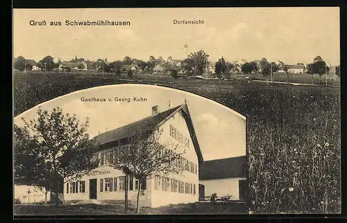 AK Schwabmühlhausen, Gasthaus von Georg Kuhn, Dorfansicht